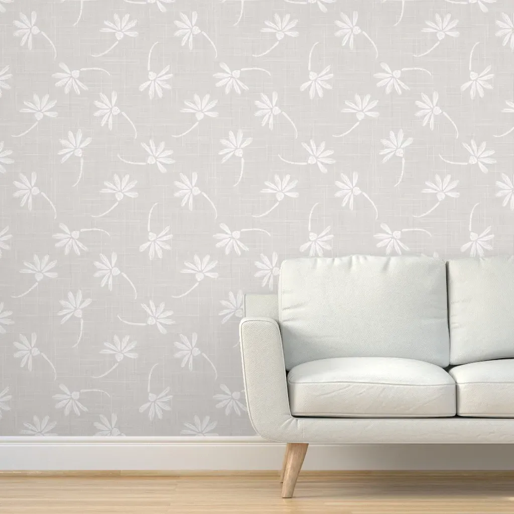 Gray French Linen Texture Daisy Flower Peel and Stick Wallpaper - White product