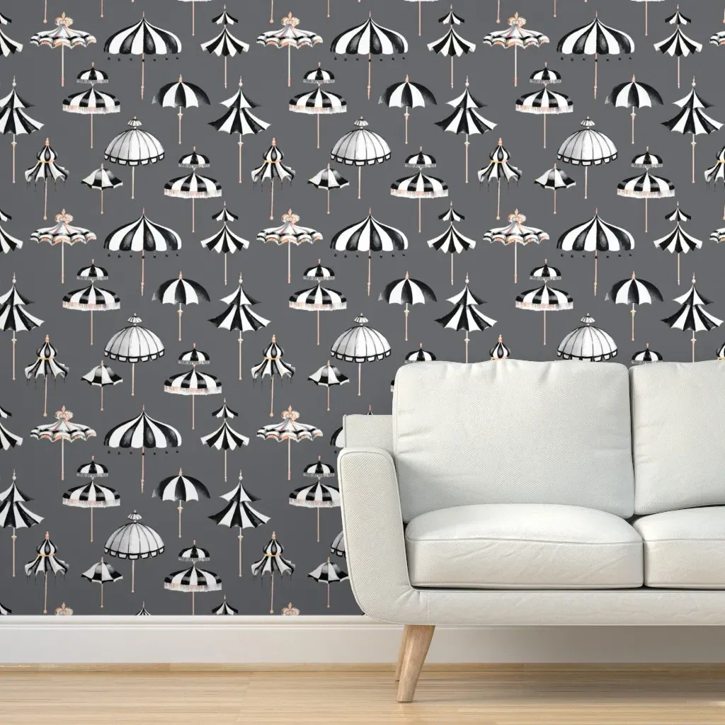 Gray Umbrellas Vintage Parasol Peel and Stick Wallpaper - Black product