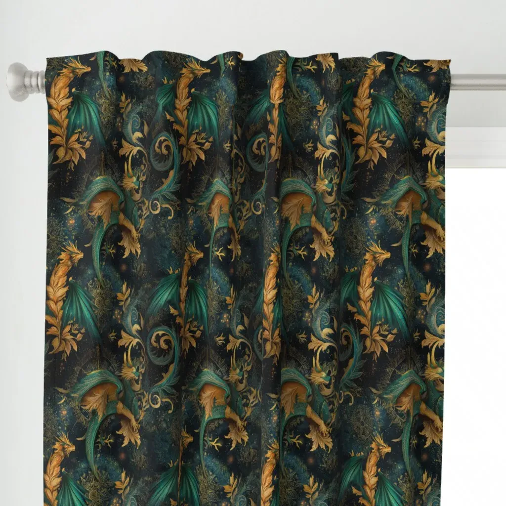 Green And Gold Dragon Curtain Panel - Teal alternate view