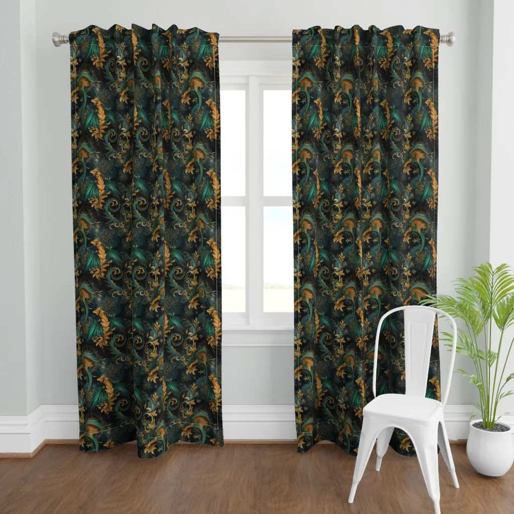Green And Gold Dragon Curtain Panel - Teal product