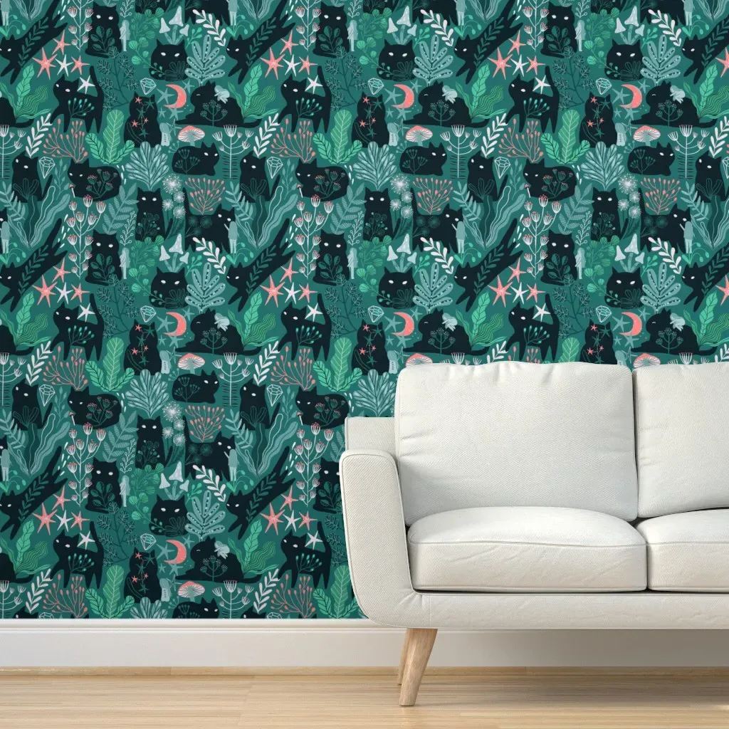 Green Forest Cats & Fairy Elves Peel and Stick Wallpaper - Green product
