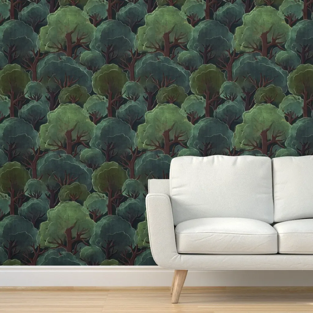 Green Trees Night Forest Peel and Stick Wallpaper - Dark Green product