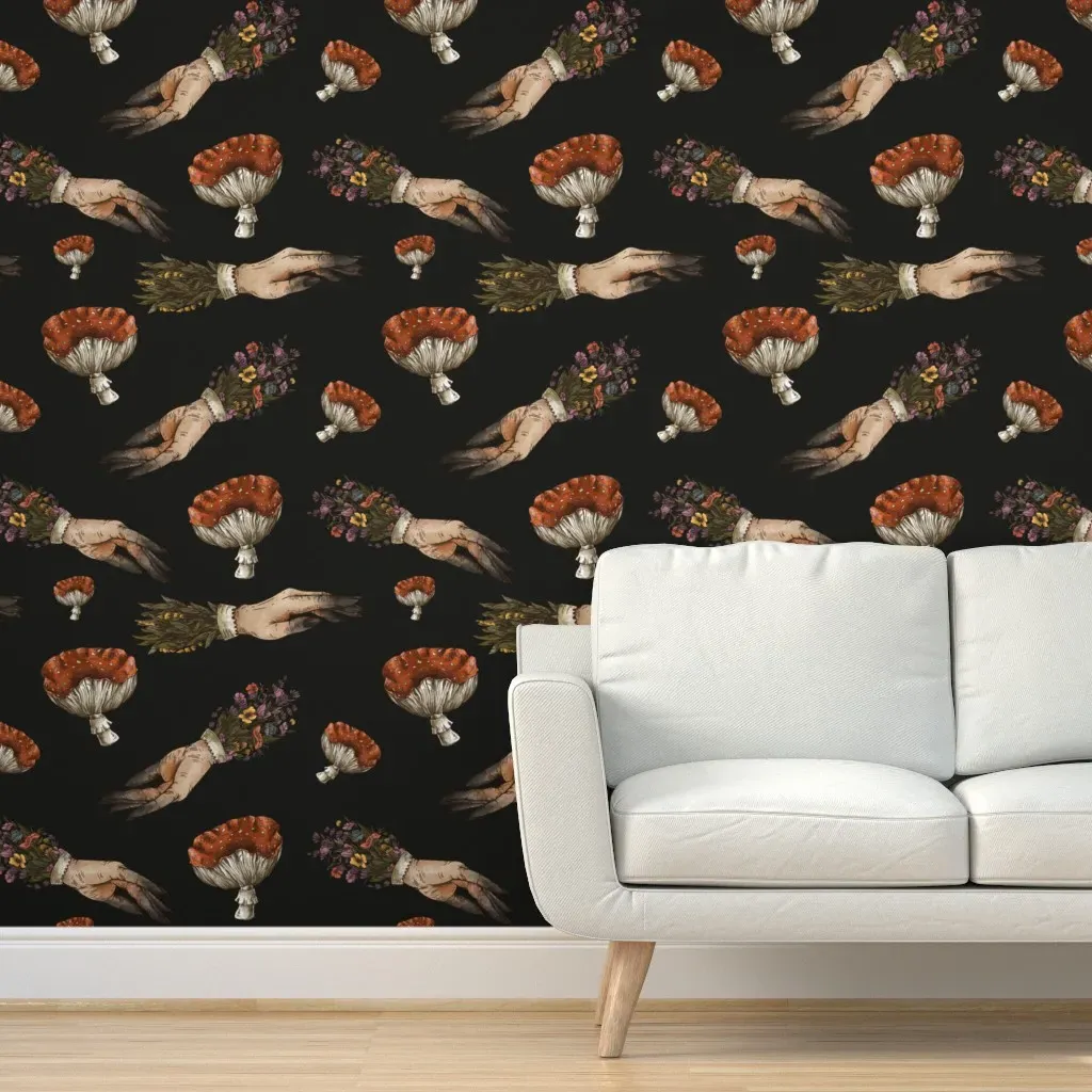Green Witch Hands Amanita Mushrooms Peel and Stick Wallpaper - Black product