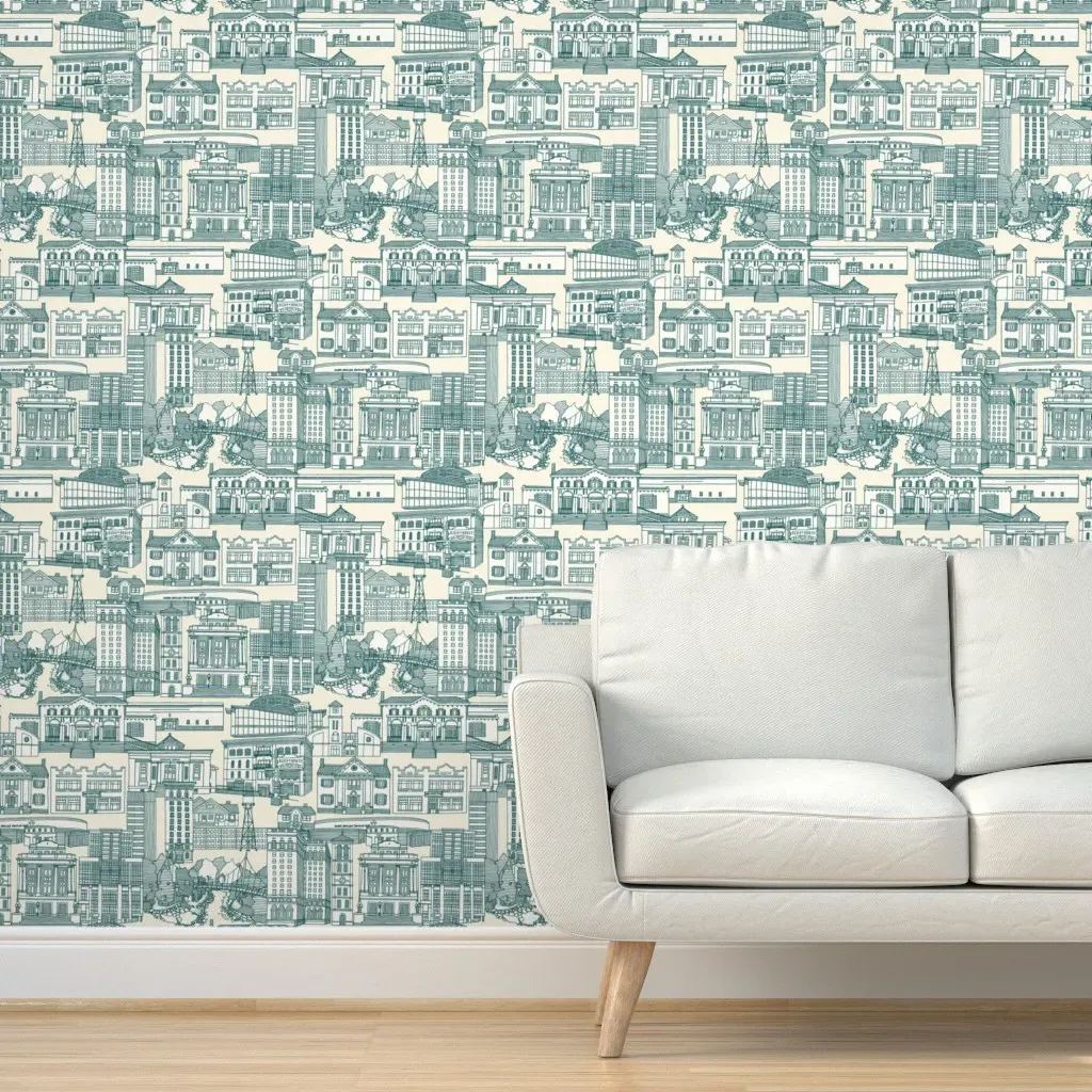 Greenville SC Toile Peel and Stick Wallpaper - Jade Pearl, Teal product