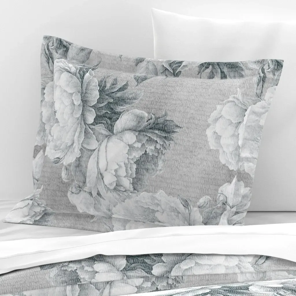 Grey Large Peonies Standard Flanged Cushion Cover - White, Cotton Sateen product