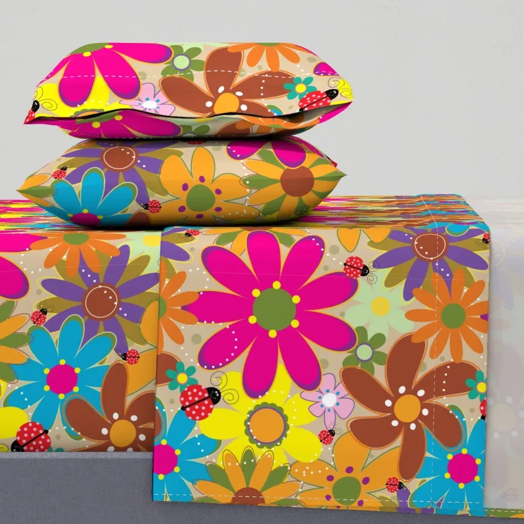 Groovy 1970s Flower Power Retro Floral King Sheet Set - Pink product
