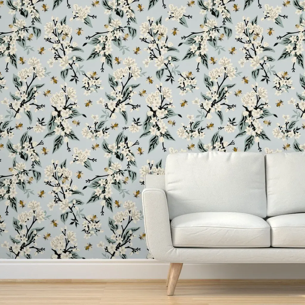 Halcyon Leaves Flowers and Bees Peel and Stick Wallpaper - White product