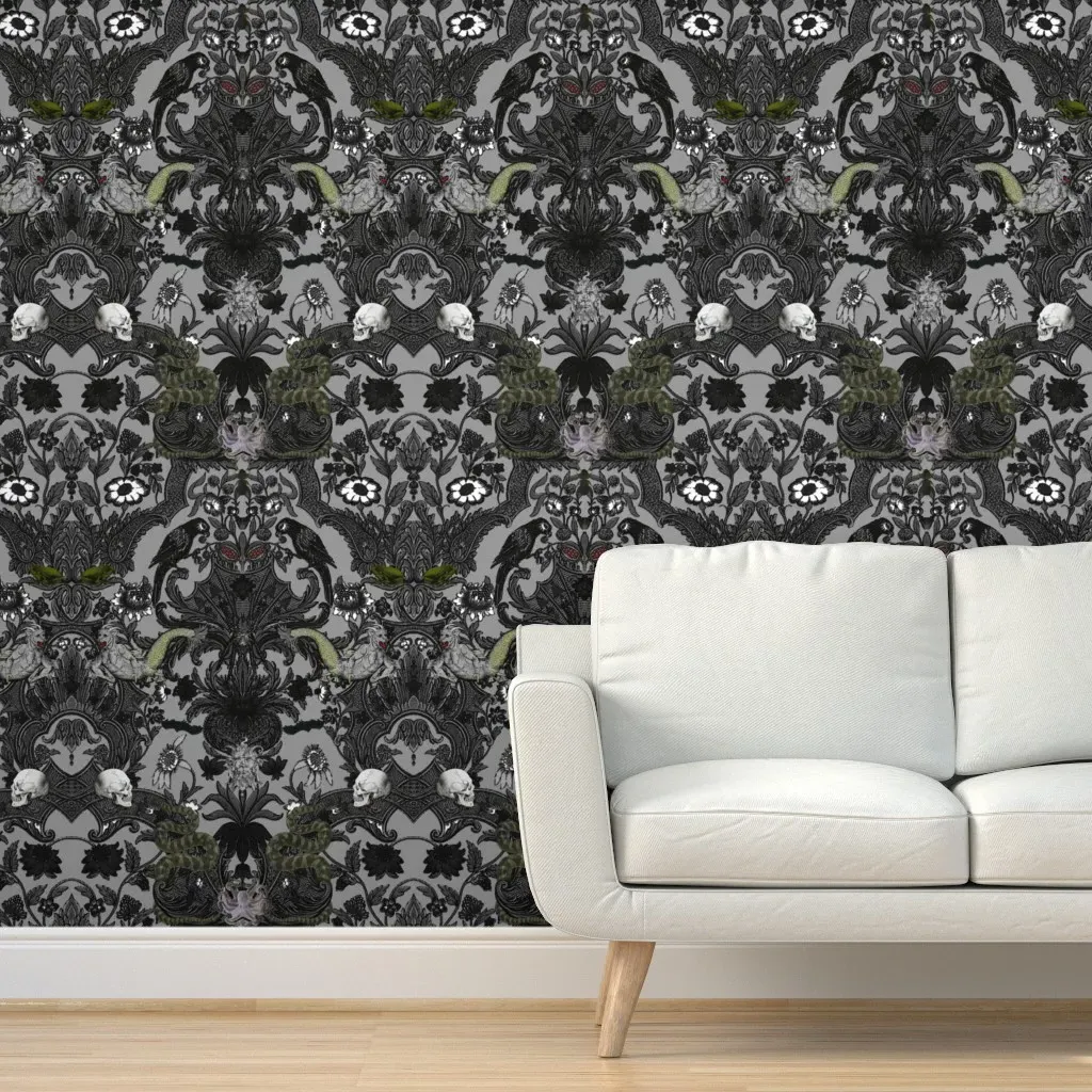 Halloween Haunted House Damask Cemetery Peel and Stick Wallpaper - Grey product