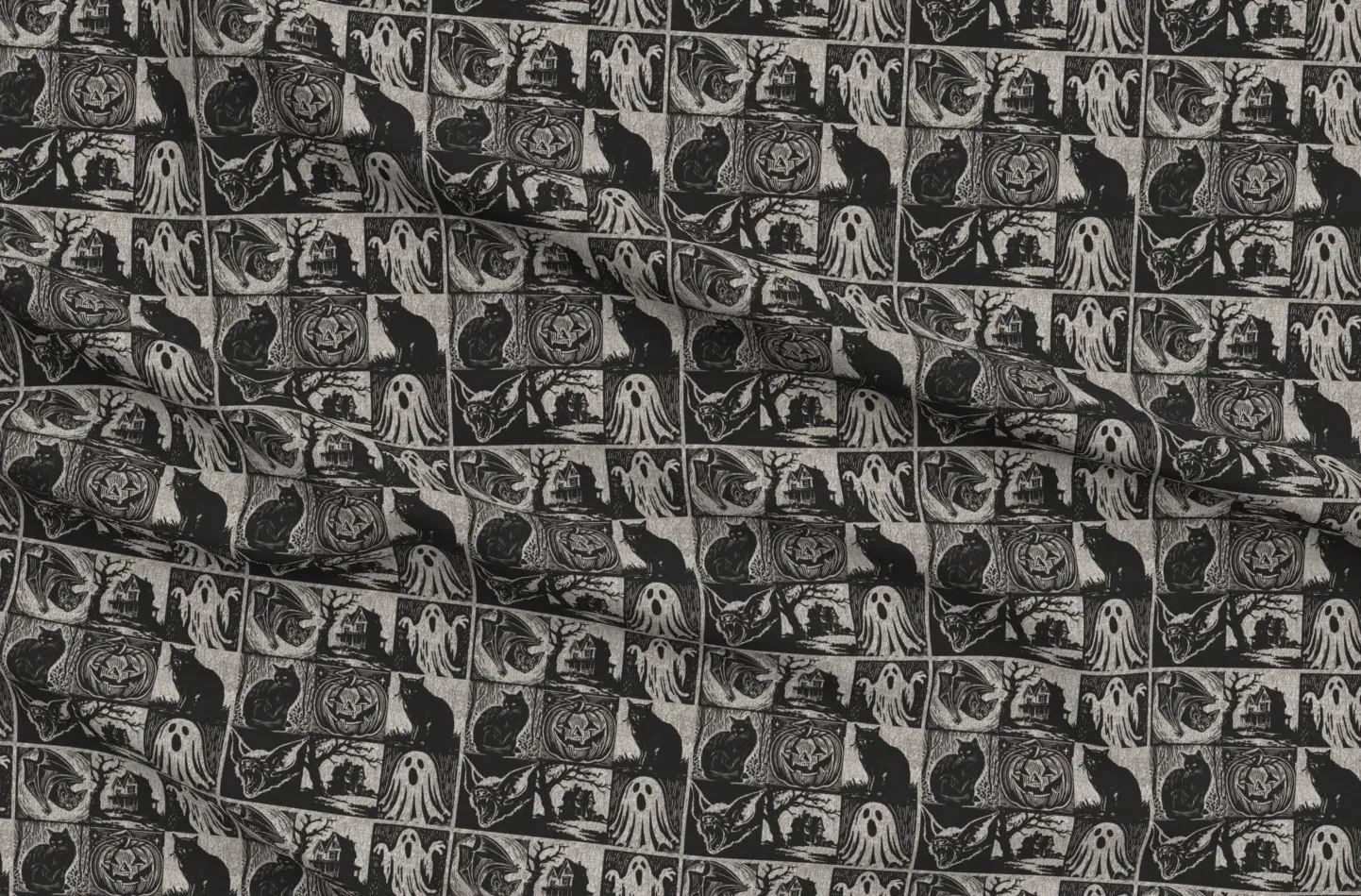 Halloween Patchwork Cat Pumpkin Fabric Yardage - Black product