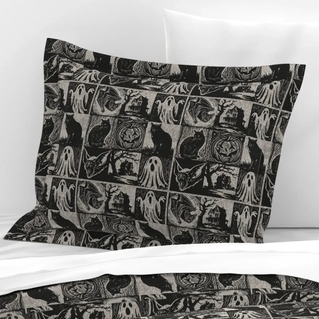 Halloween Patchwork Woodblock Standard Flanged Pillow - Black, Cotton Sateen product