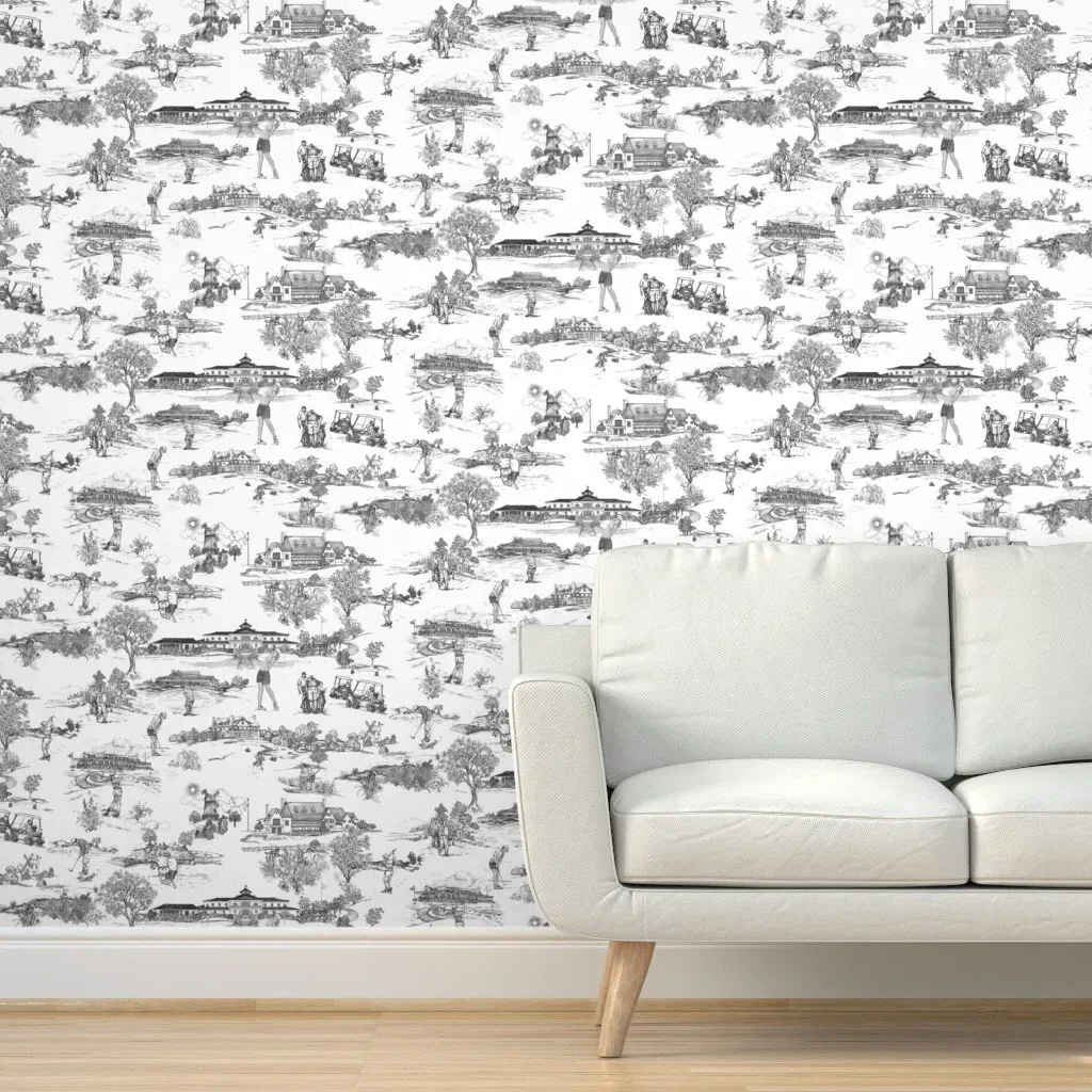 Hamptons Historical Golf Courses Toile Peel and Stick Wallpaper - Black and White product
