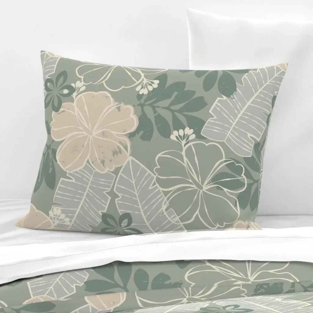 Hana Hawaiian Hibiscus Tropical Standard Pillow - Sage Green, Cotton Sateen product
