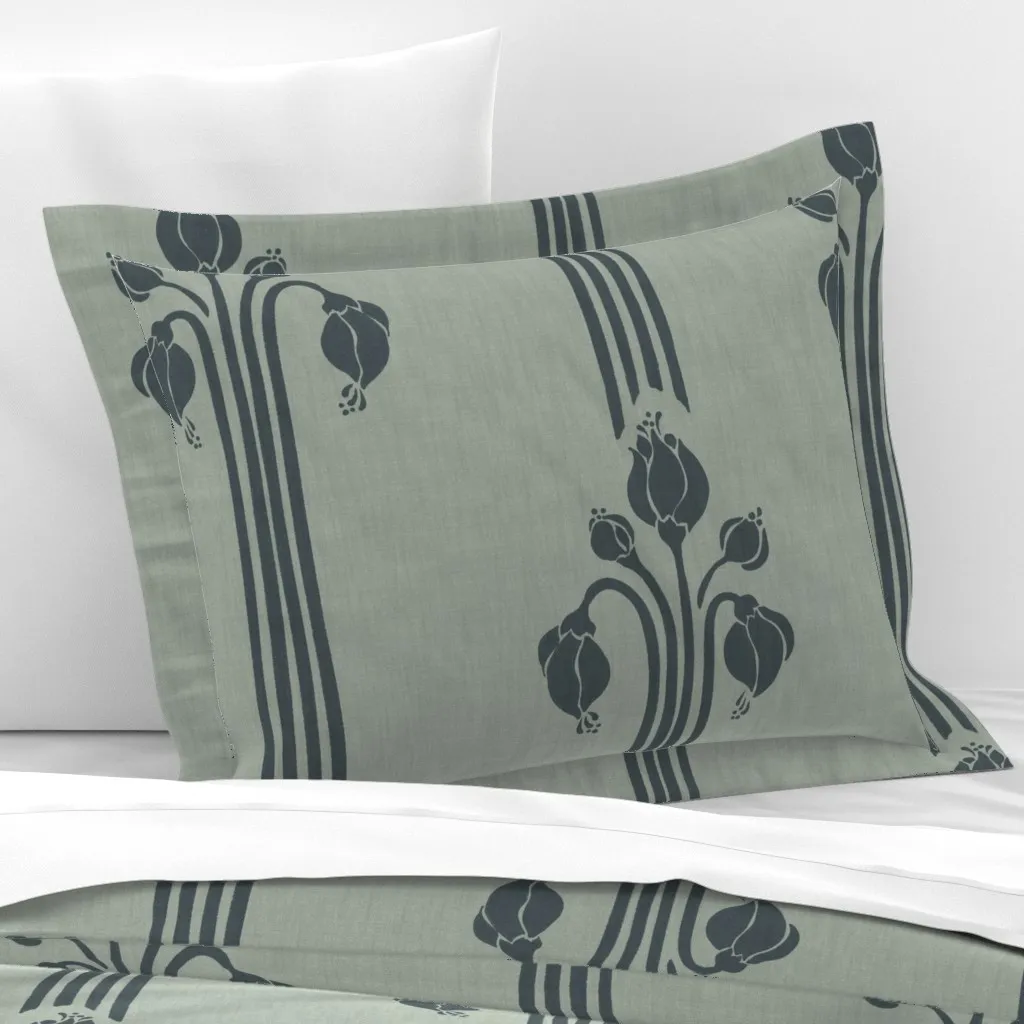 Hand Drawn Art Nouveau Floral Stripe Standard Flanged Pillow - Teal, Cotton Sateen product