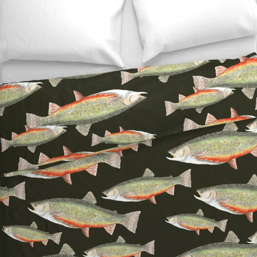 Hand Drawn Brook Trout On Dark Duvet Cover - Green alternate view