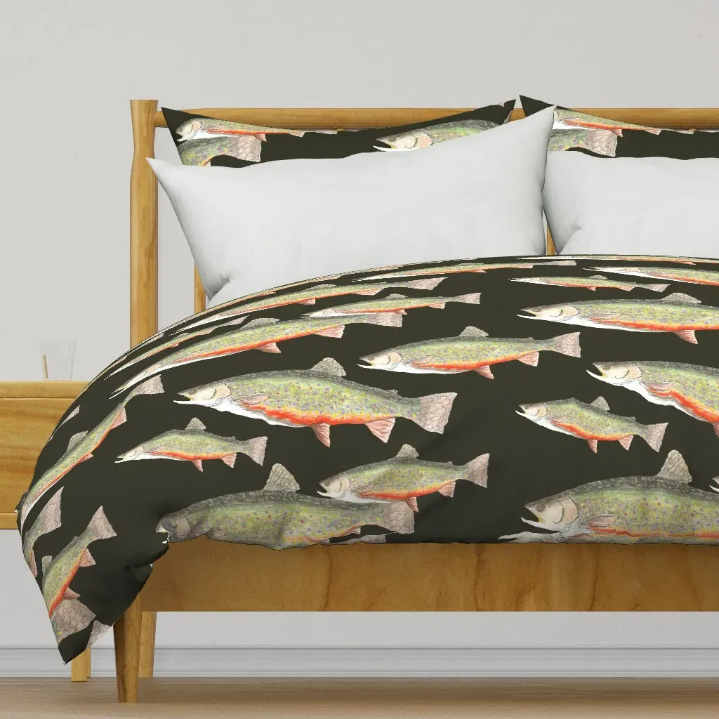 Hand Drawn Brook Trout On Dark Duvet Cover - Green product