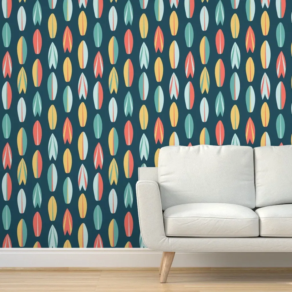 Hand Drawn California Surfboards Peel and Stick Wallpaper - Navy product