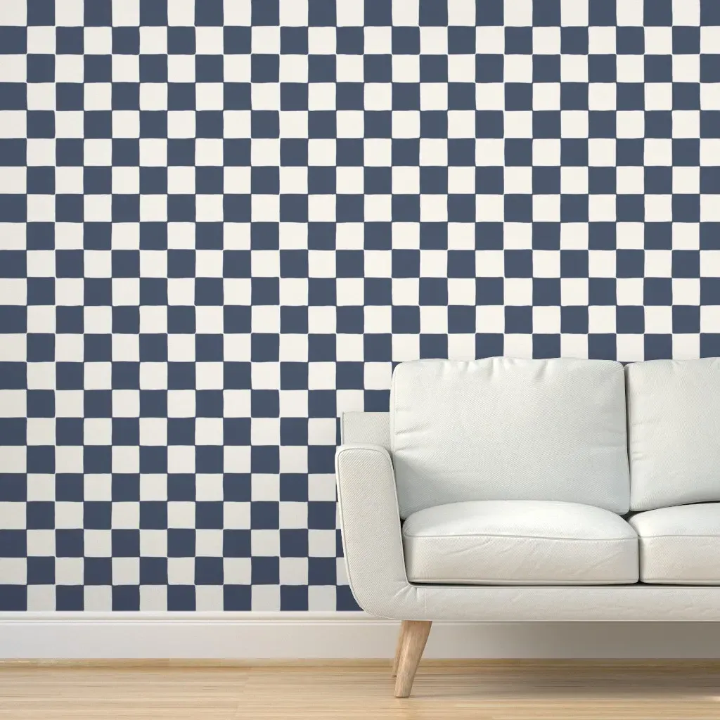 Hand Drawn Checker Checkerboard Peel and Stick Wallpaper - Indigo Blue product