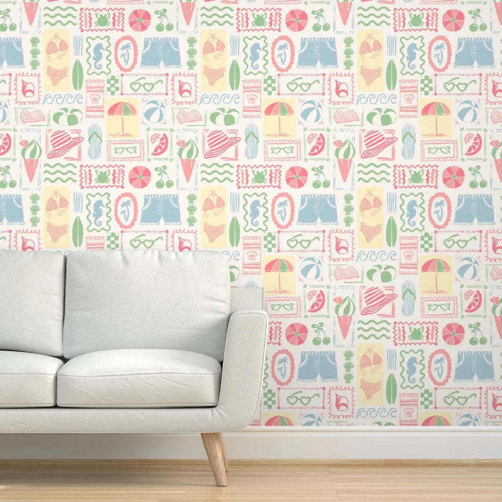 Hand Drawn Coastal Beach Peel and Stick Wallpaper - Pink product