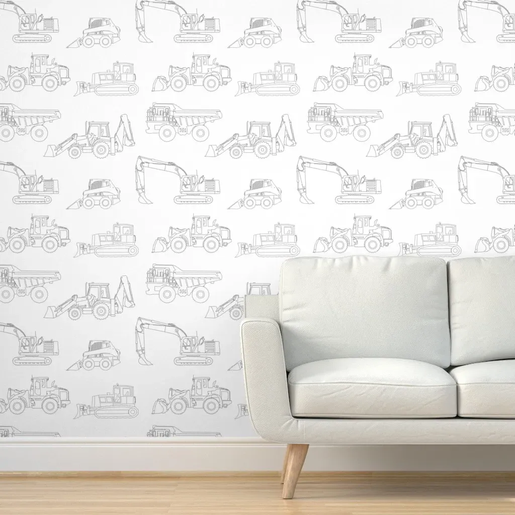 Hand Drawn Construction Vehicles Peel and Stick Wallpaper - Black, White product