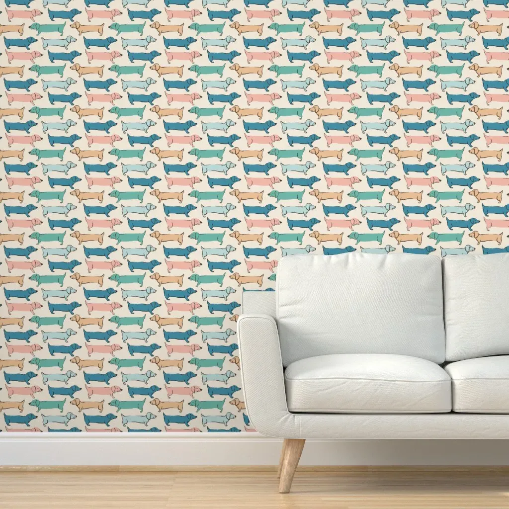 Hand Drawn Dachshunds Peel and Stick Wallpaper - Beige product