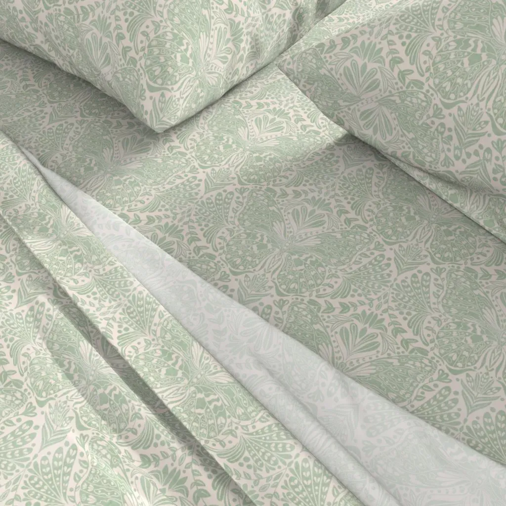 Hand-Drawn Damask Botanical Butterfly Ogee Twin Sheet Set - Sage Green alternate view