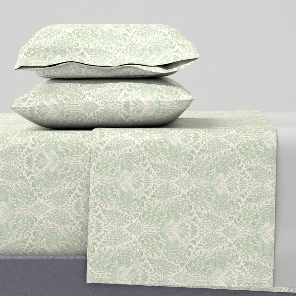 Hand-Drawn Damask Botanical Butterfly Ogee Twin Sheet Set - Sage Green product