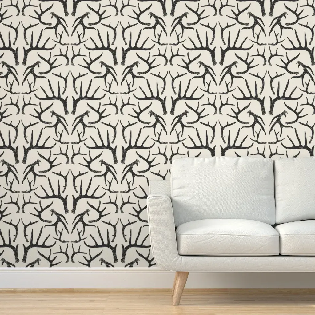 Hand Drawn Deer Antlers Large Scale Peel and Stick Wallpaper - Black product