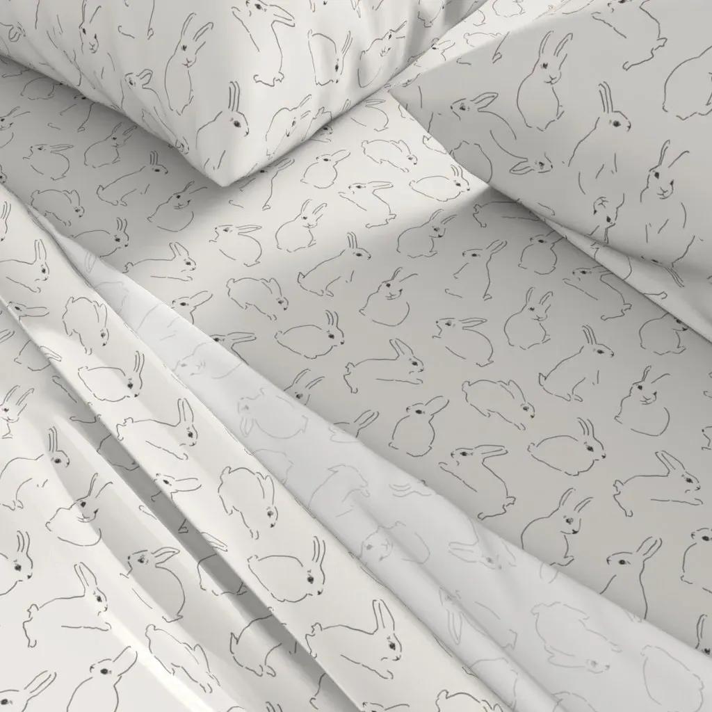 Hand Drawn Easter Bunny Rabbits Queen Sheet Set - Gray alternate view