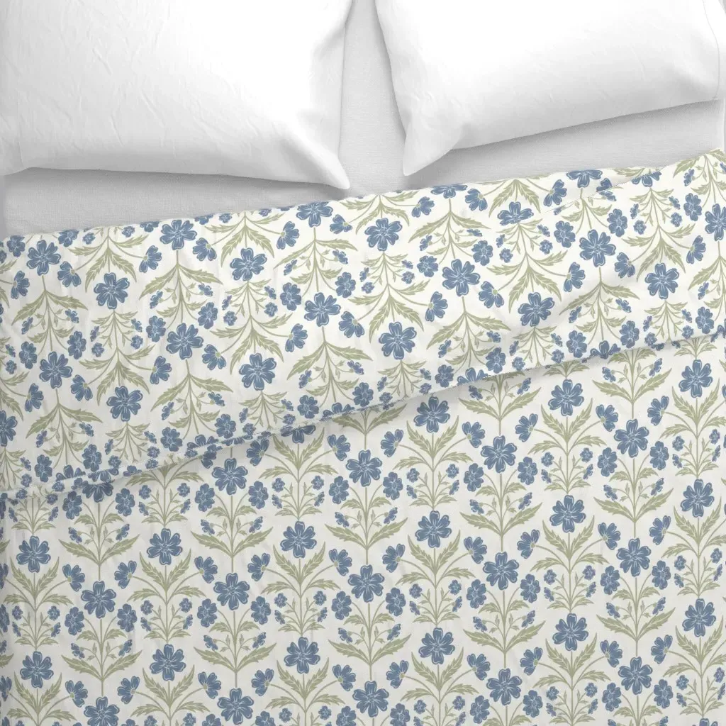 Hand-Drawn Floral Wood Block Duvet Cover - Blue alternate view