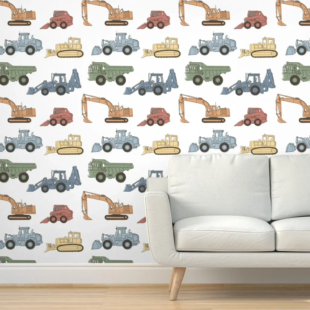 Hand Drawn Rainbow Construction Vehicles Peel and Stick Wallpaper - Light Blue product