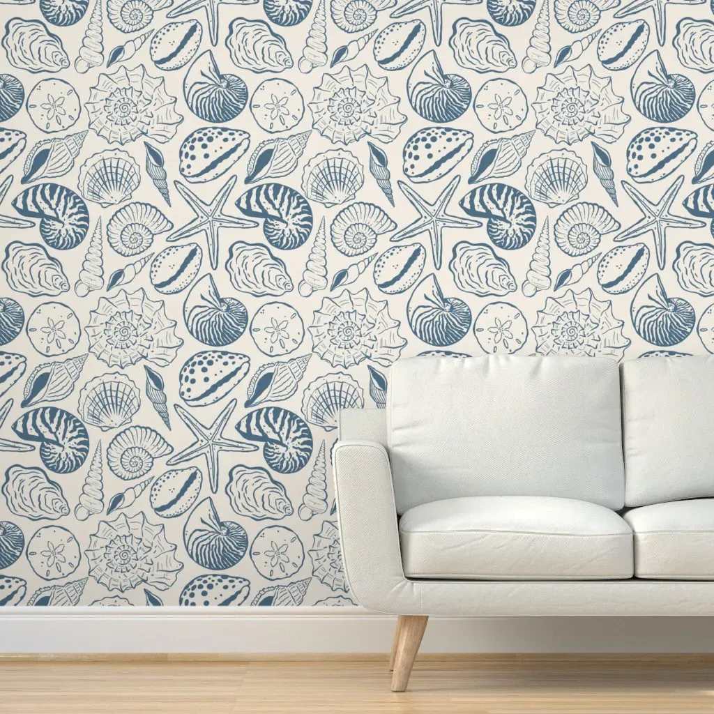 Hand-Drawn Seashells Peel and Stick Wallpaper - Denim Blue product