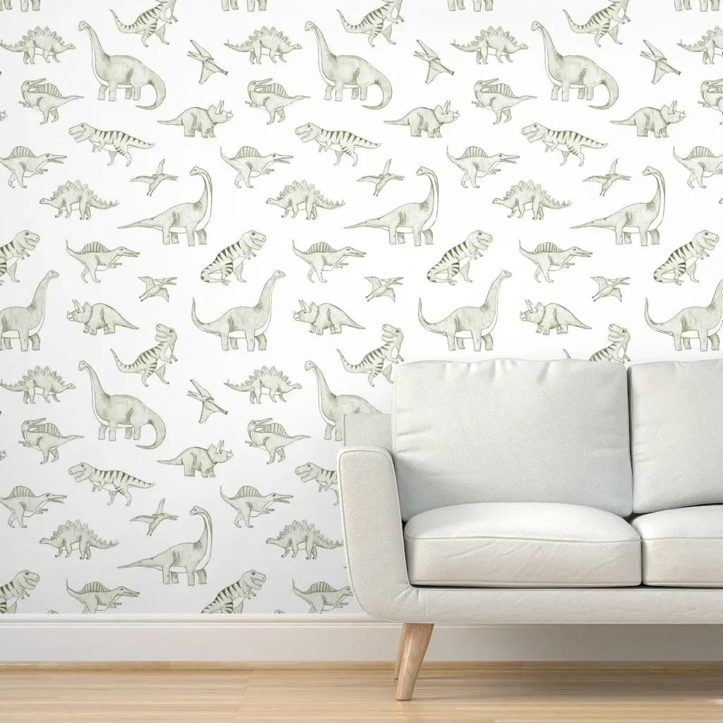 Hand Drawn Sketched Dinosaurs Peel and Stick Wallpaper - Sage Green product