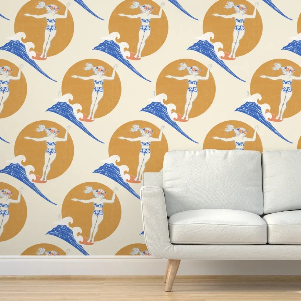 Hand Drawn Sunset Surfer Hangten Peel and Stick Wallpaper - Cream product