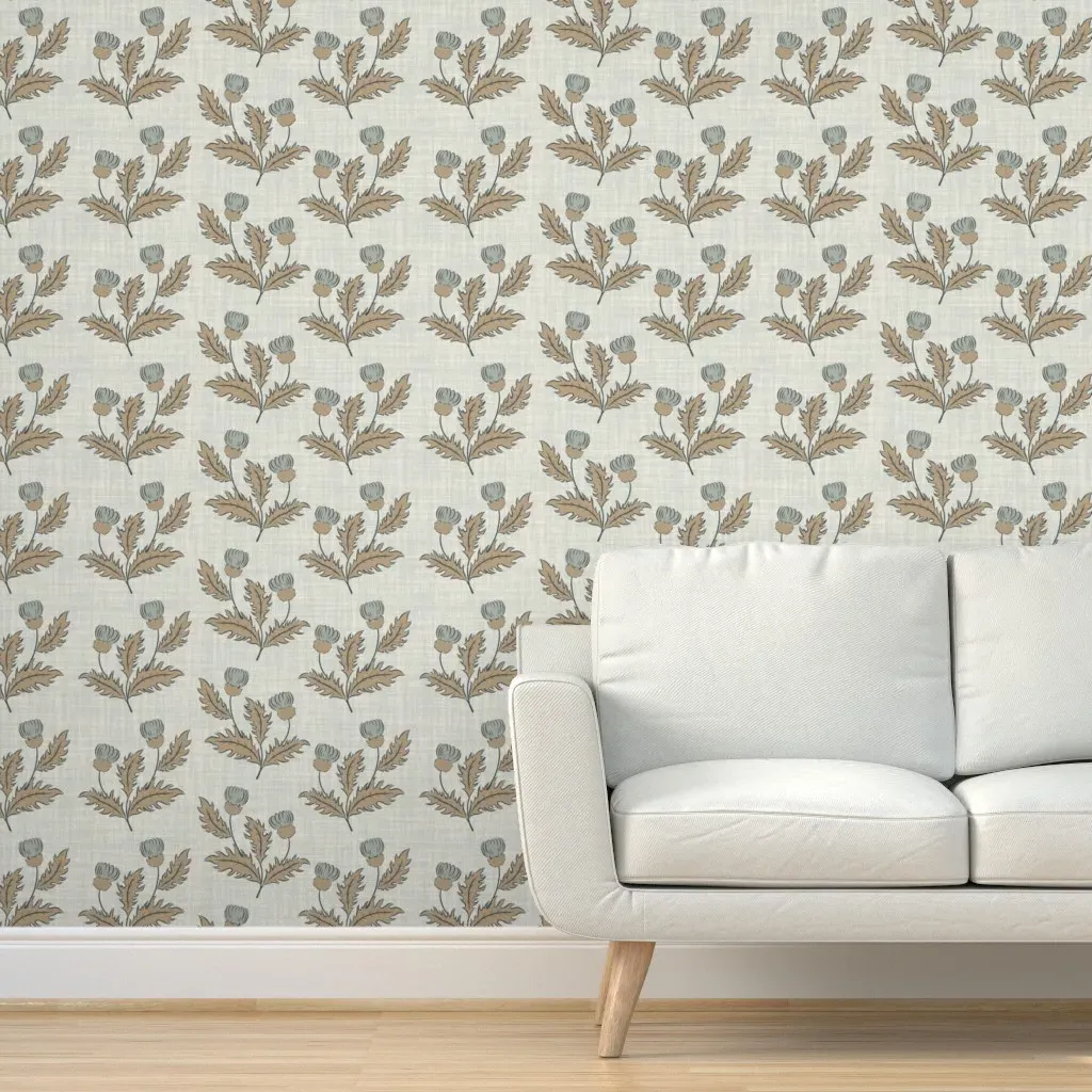Hand Drawn Thistle Flower Block Print Peel and Stick Wallpaper - Beige, Linen product