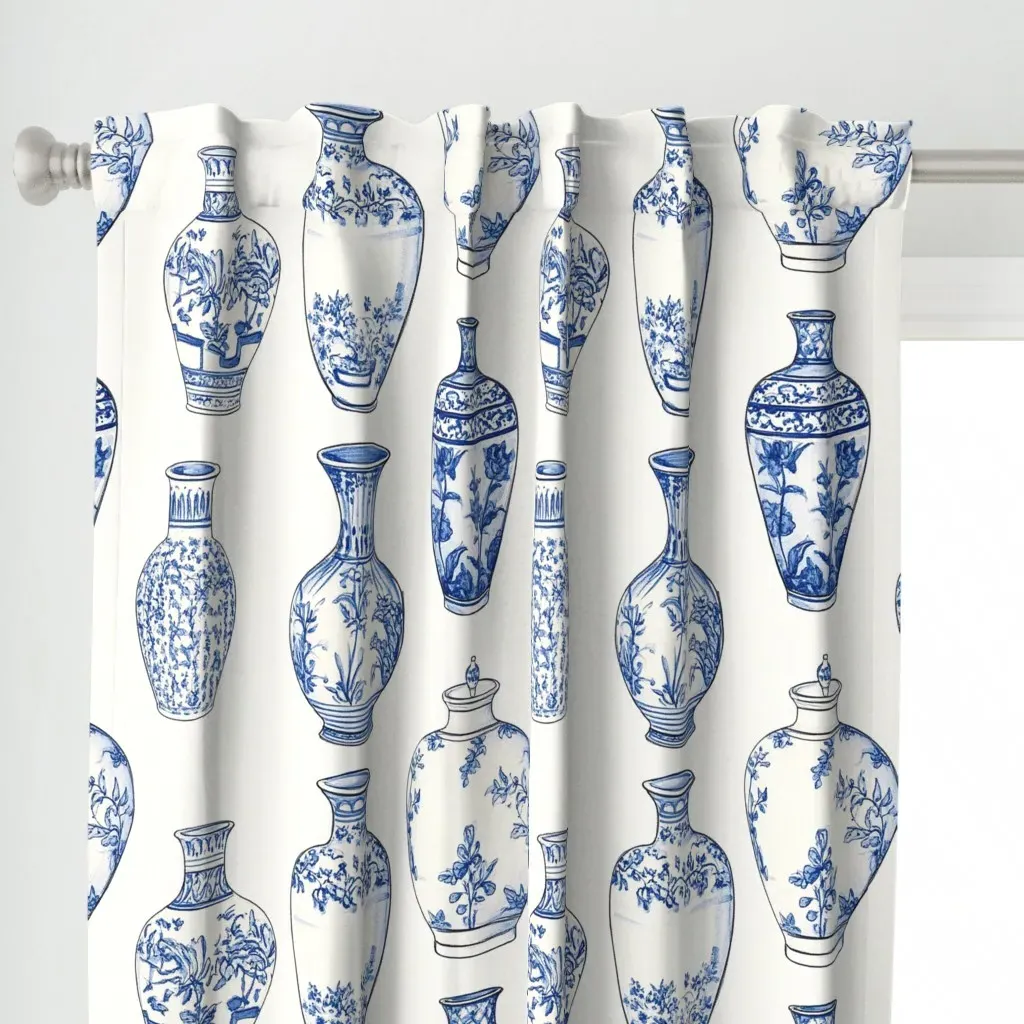 Hand-Drawn Vase Print Curtain Panel - Blue alternate view