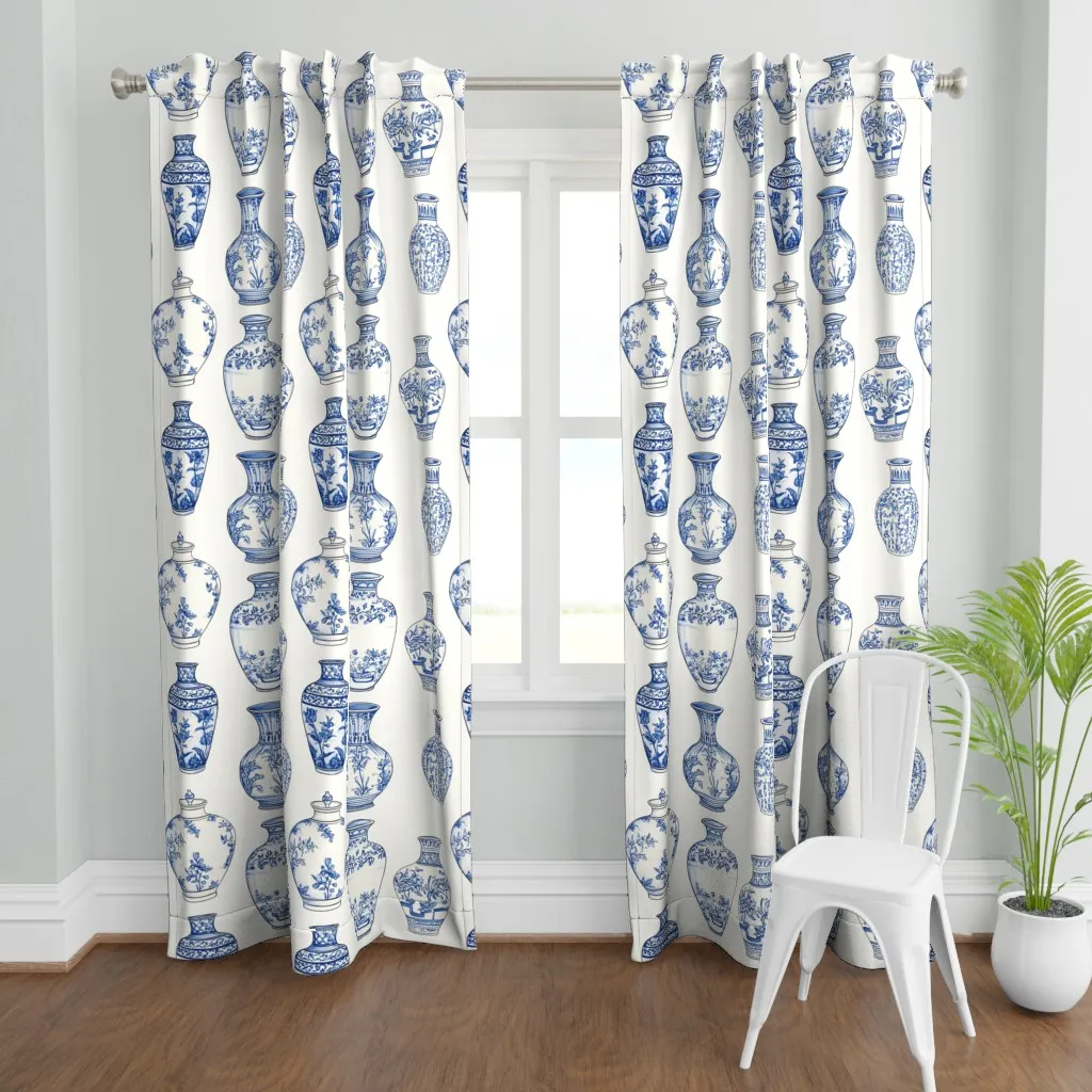 Hand-Drawn Vase Print Curtain Panel - Blue product