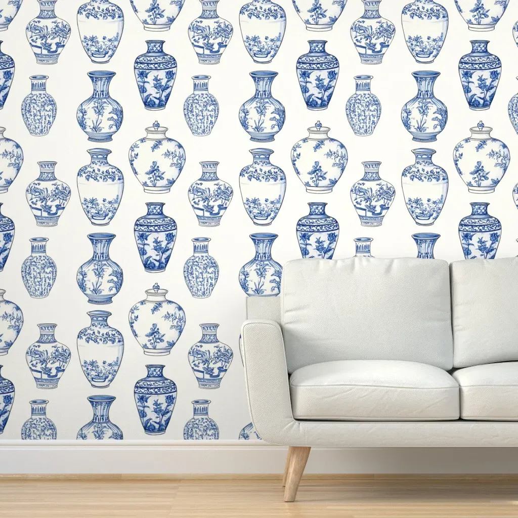 Hand-Drawn Vase Print Peel and Stick Wallpaper - Blue product