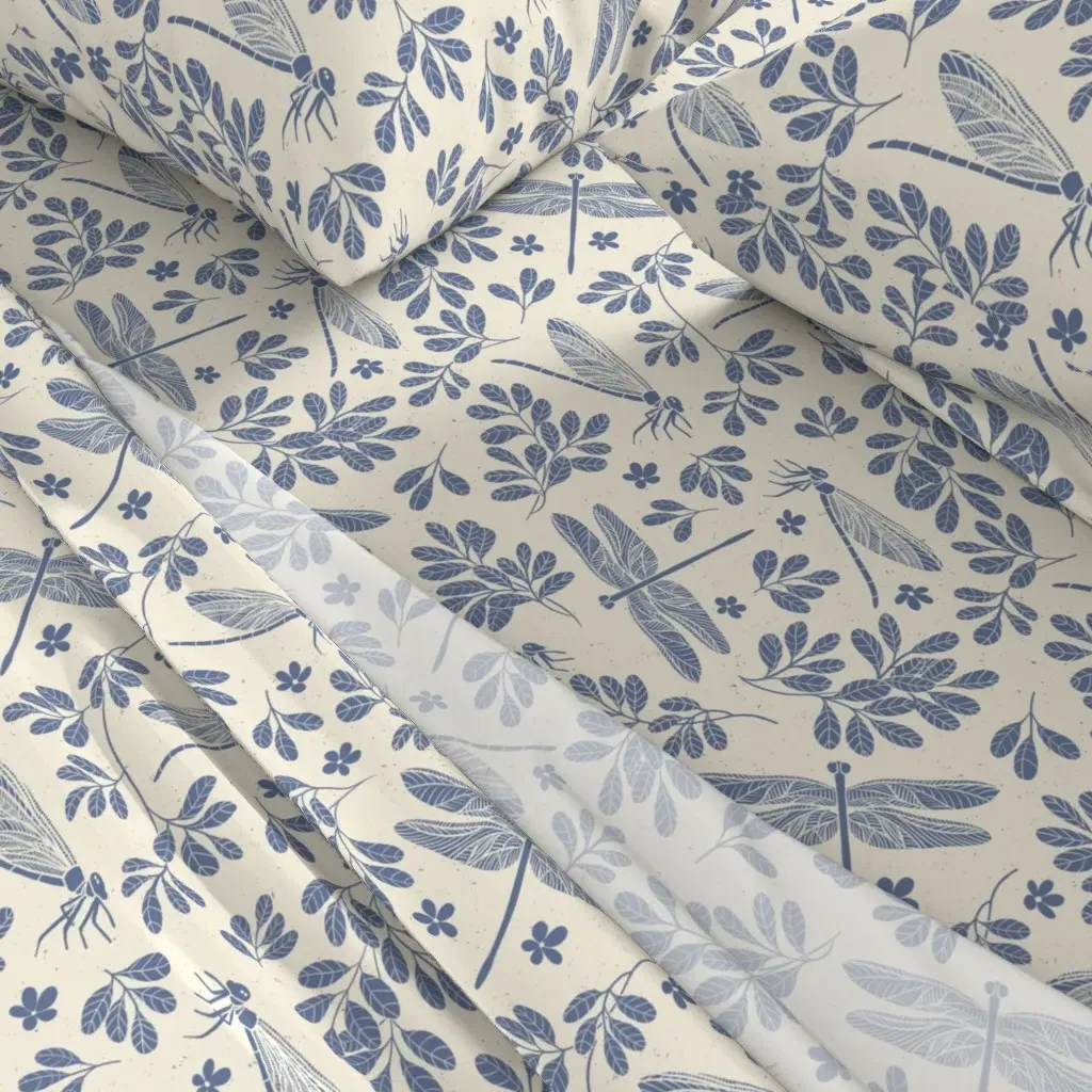 Hand Drawn Vintage Dragonflies Queen Sheet Set - Dusty Blue alternate view