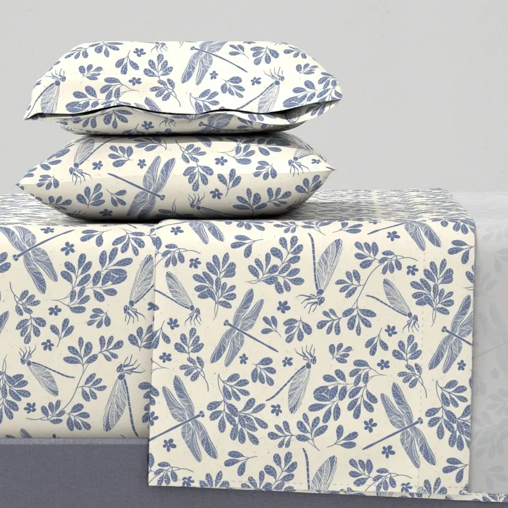 Hand Drawn Vintage Dragonflies Queen Sheet Set - Dusty Blue product