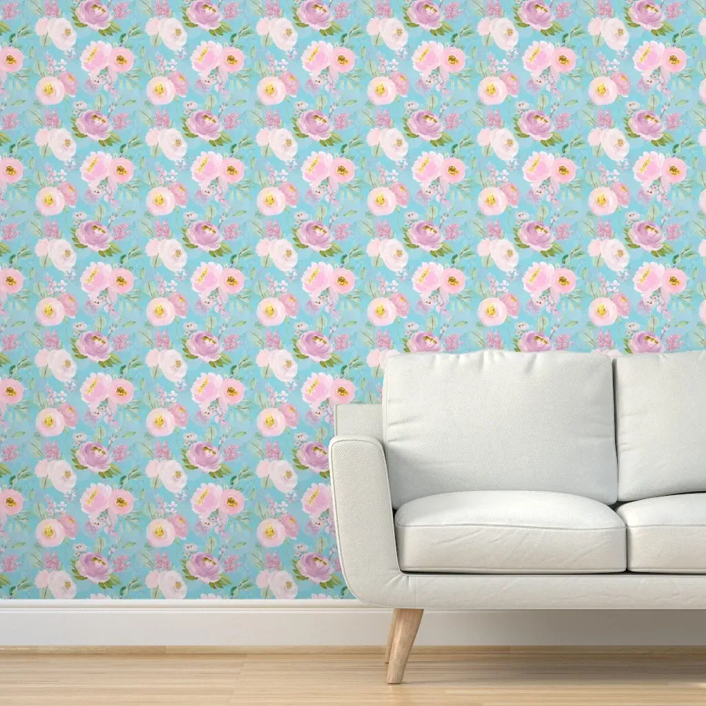 Hand Drawn Watercolor Florals Peel and Stick Wallpaper - Pink, Teal product