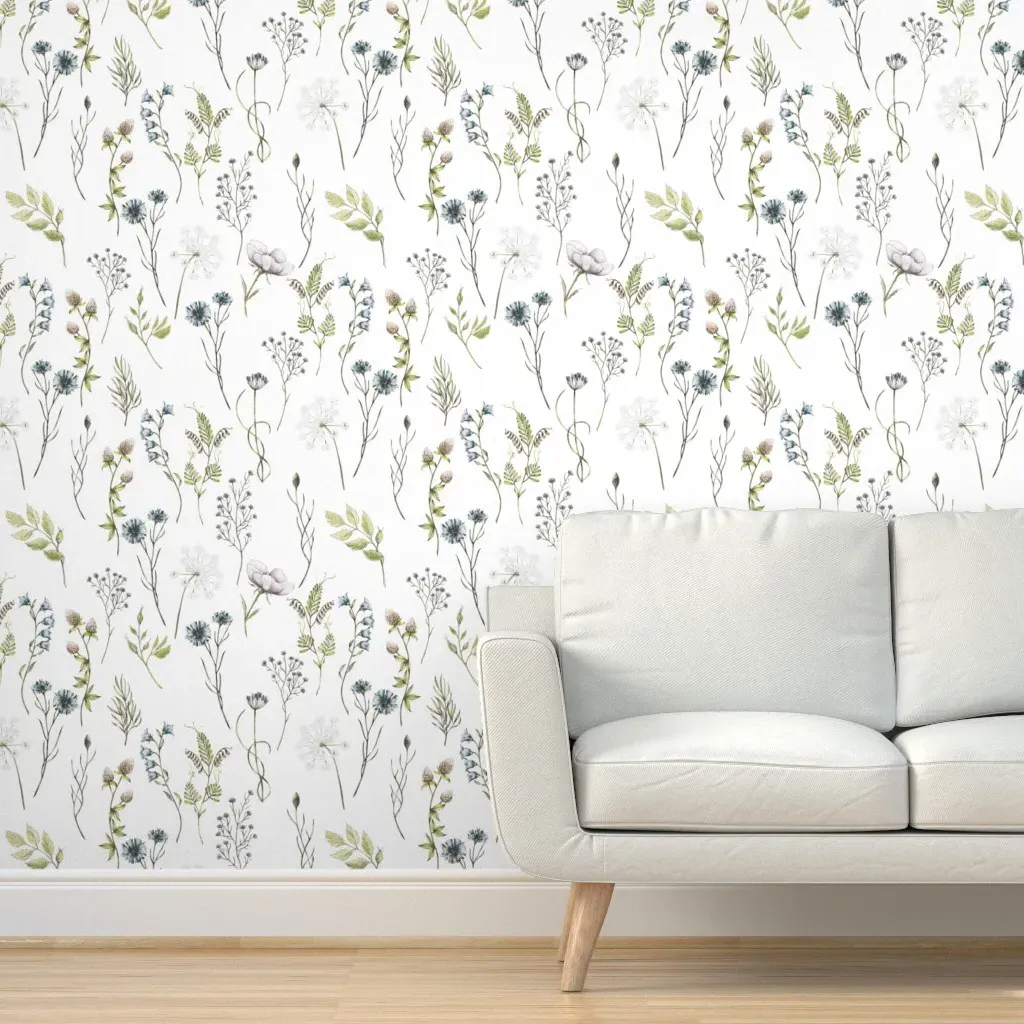 Hand Drawn Watercolor Wildflowers Midsummer Meadow Peel and Stick Wallpaper - Light Blue product