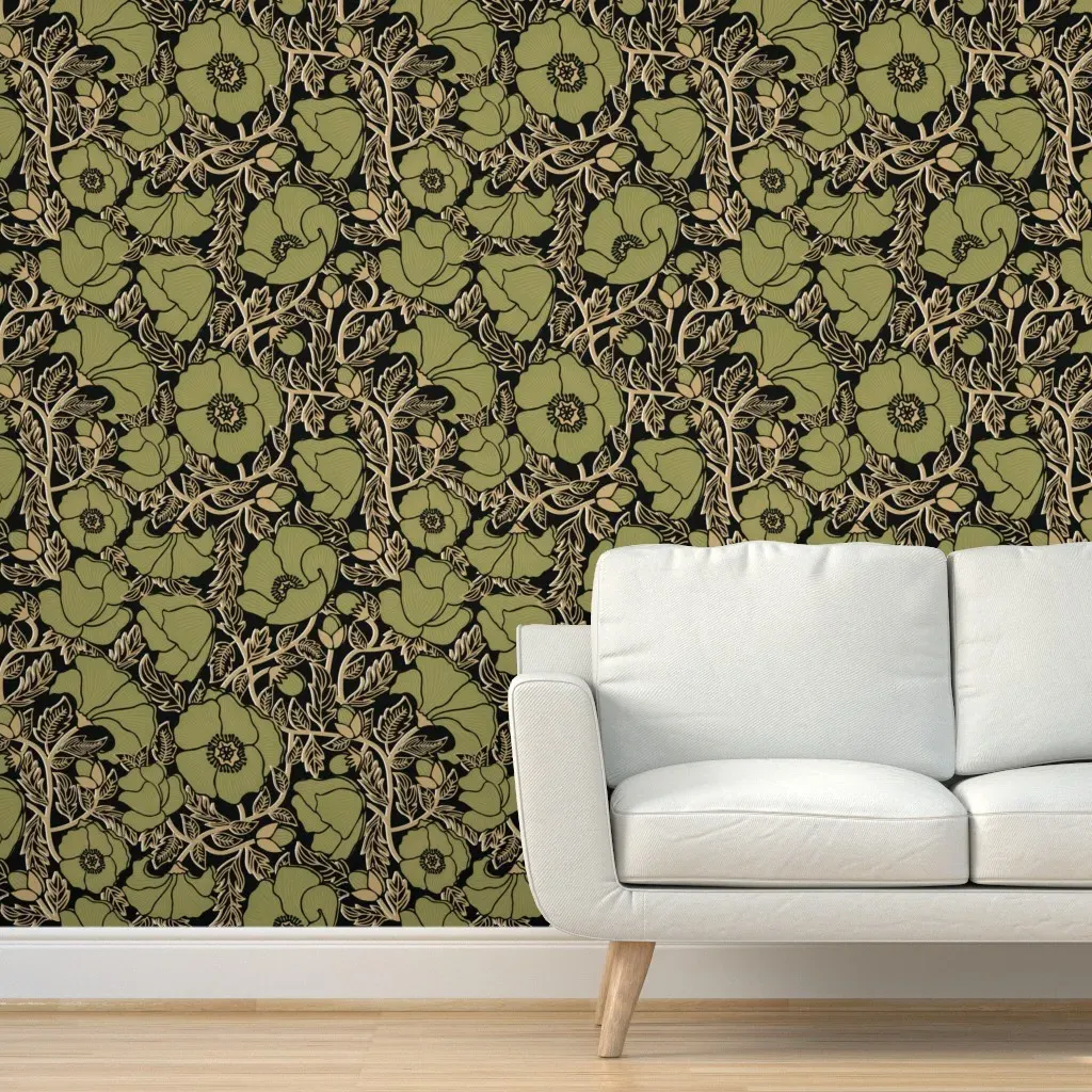 Hand Drawn Whimsical Poppy Floral Peel and Stick Wallpaper - Olive Green product