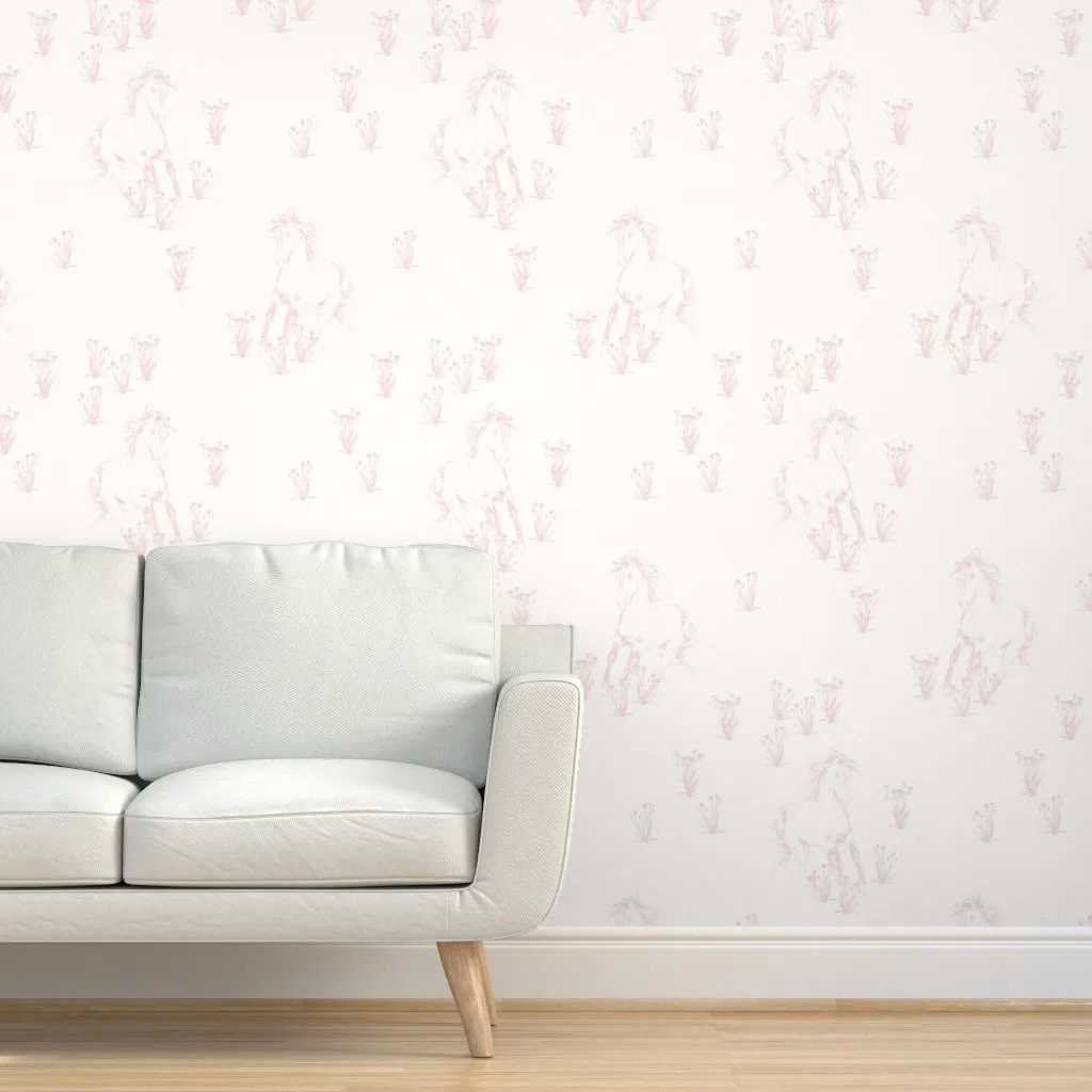 Hand Drawn Wild Horses Sketch With Flowers Peel and Stick Wallpaper - Pink product
