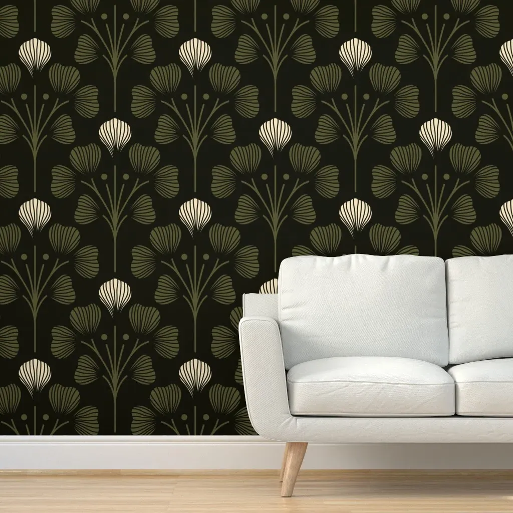 Hand Drawn Wildflowers Peel and Stick Wallpaper - Olive Green product