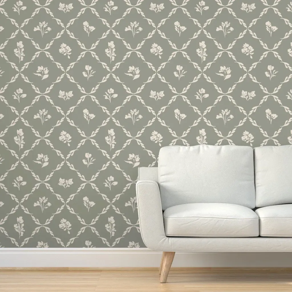 Hand Painted Cream Flowers Lattice Peel and Stick Wallpaper - Cream, Sage product