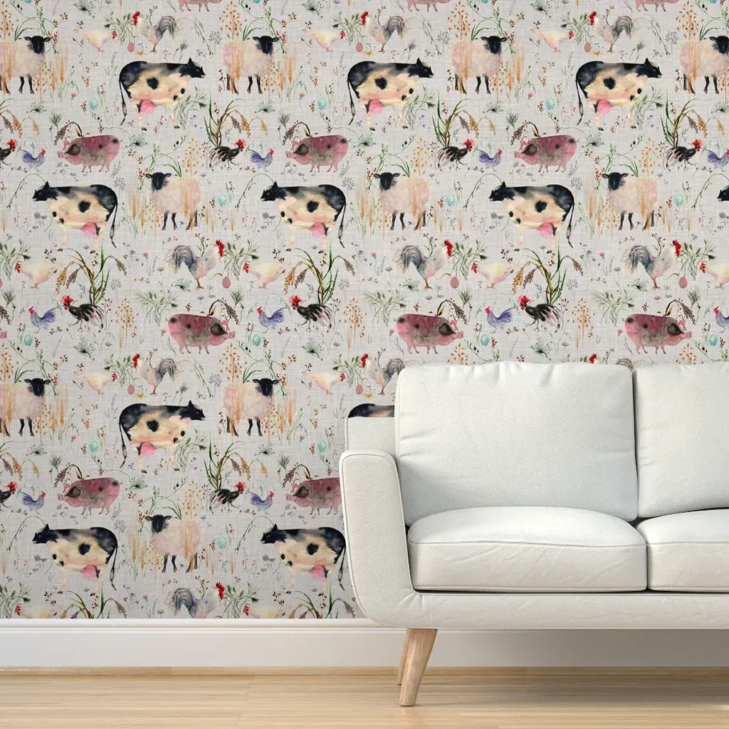 Hand Painted Farm Animals Peel and Stick Wallpaper - Light Gray product