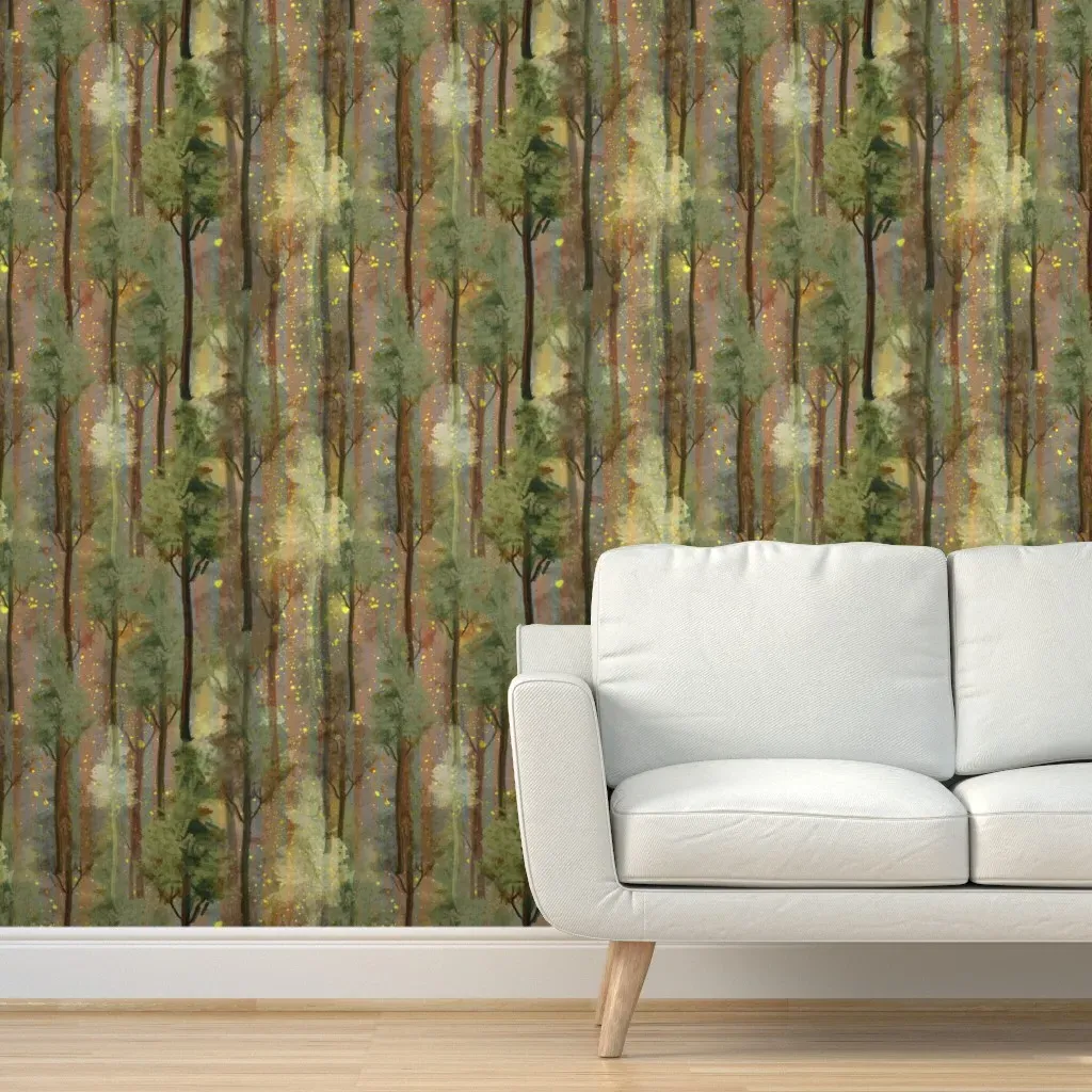 Hand Painted Forest Glade Peel and Stick Wallpaper - Olive Green product