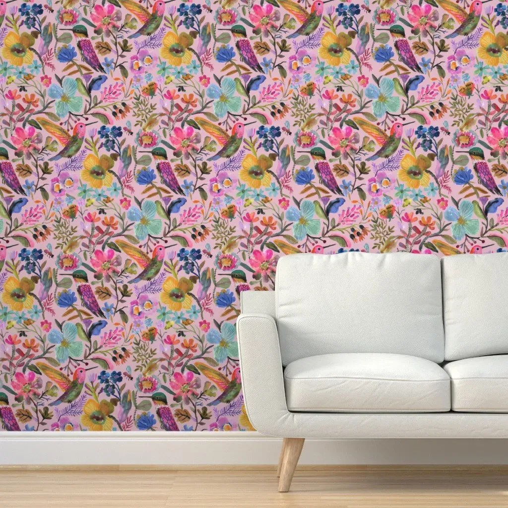Hand-Painted Hummingbirds Floral Peel and Stick Wallpaper - Pink product
