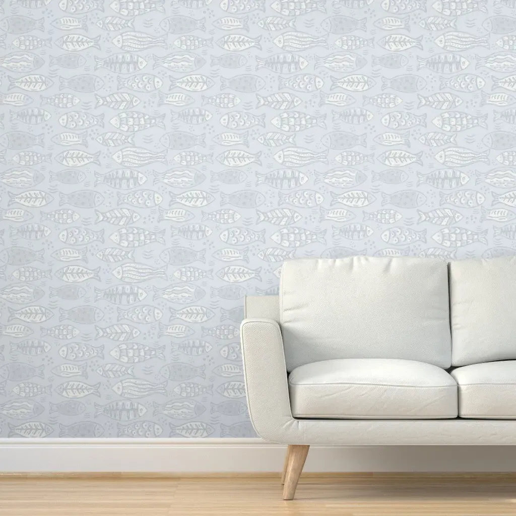 Hand Painted Patterned Fish Peel and Stick Wallpaper - Light Blue product