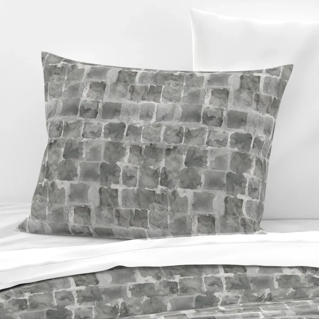 Hand Painted Stone Wall Squares Standard Knife Edge Pillow - Gray, Cotton Sateen product